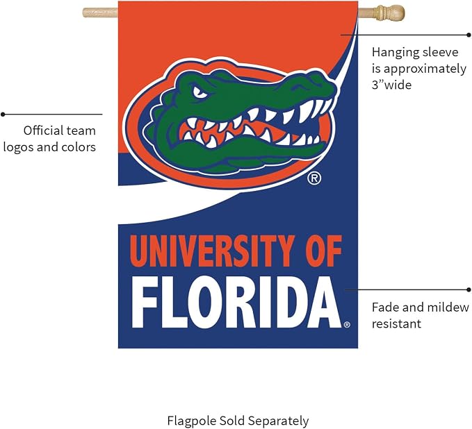 NCAA University of Florida House Flag, 28 x 44, Double Sided Garden Flags for Outside, Outdoor College Flags & Banners for Gardens Patio, Indoor Wall Decor Flag for Room