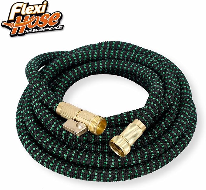 Flexi Hose with 8 Function Nozzle, 50FT - Lightweight Expandable Garden Hose, No-Kink Flexibility, 3/4 Inch Solid Brass Fittings and Double Latex Core - Black and Green