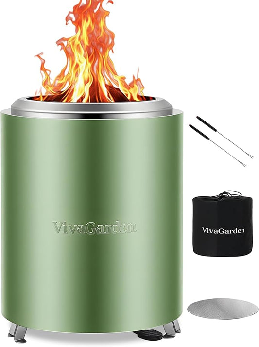 Portable Tabletop Fire Pit, VivaGarden Smokeless Table Top Fire Pit, Wood Burning & Pellets Outdoor Camping Stove with Carry Bag, Forks and Mat (9.7x7.1 Inch, Green)