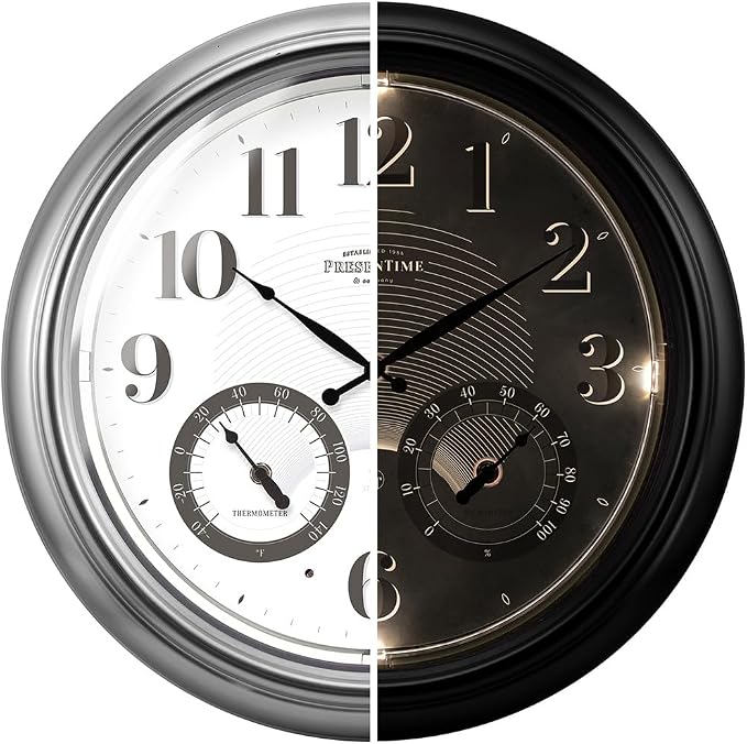 Presentime & Co 18" Illuminated in/Outdoor Atomic Clock with Smart Sensor and Night Light, Waterproof, Large Wall Clock with Thermometer & Hygrometer, for Garden and Patio, Silver.