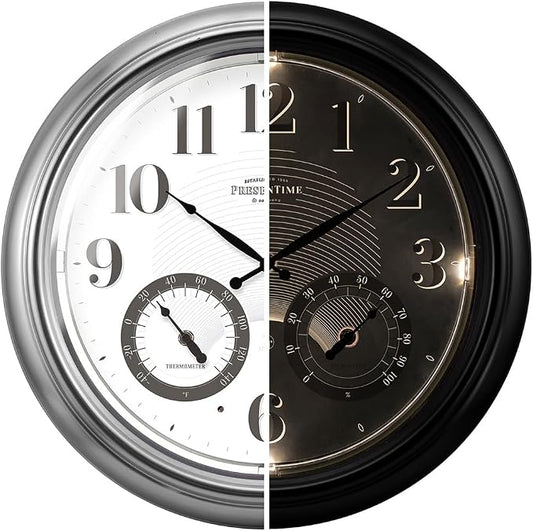 Presentime & Co 18" Illuminated in/Outdoor Atomic Clock with Smart Sensor and Night Light, Waterproof, Large Wall Clock with Thermometer & Hygrometer, for Garden and Patio, Silver.