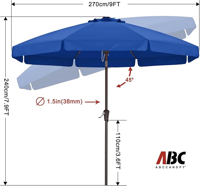 ABCCANOPY 9ft Scalloped Patio Umbrella, Outdoor Table Umbrella with Tilt and Crank, Fiberglass Ribs Deck Umbrella for Patio, Pool, Garden, Picnic (Blue)