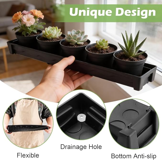 RooTrimmer 5 Pack Plastic Plant Saucer (17"x3"x1.5"), Rectangular Window Sill Plant Pot Trays with Removable Drainage Hole, Thick Windowsill Saucer Tray for 2.8 inch (7CM) Flower Nursery Pots (Black)