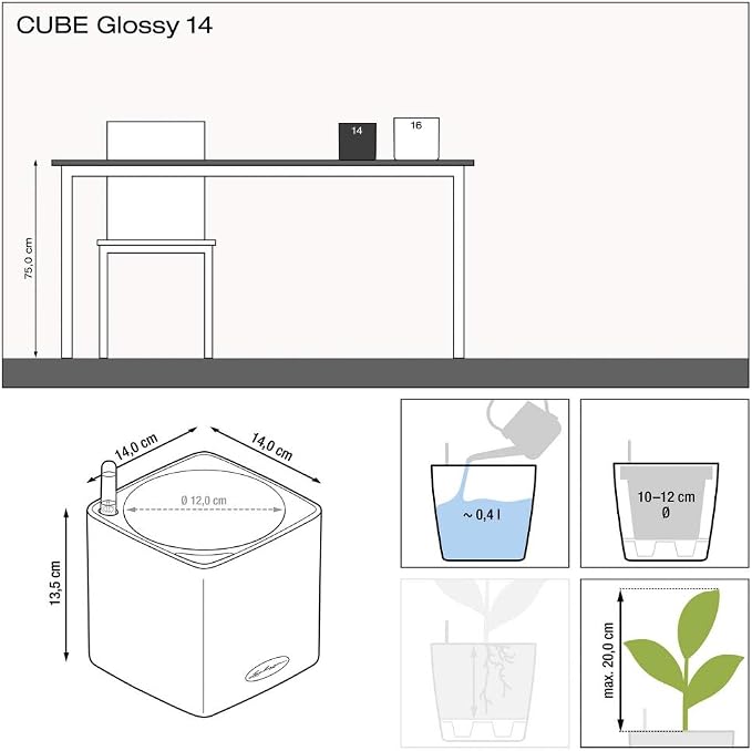 Lechuza Cube Glossy 14 Cream White High Gloss, Self-Watering Indoor Small Plant Pot, H5.5 L5.5 W5.5 in
