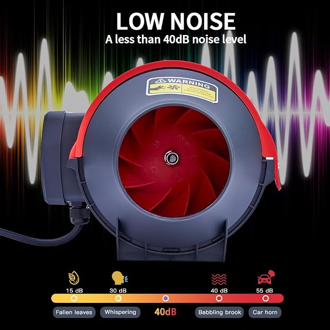 4 Inch Inline Booster Duct Fan with Speed Controller | Low Noise HVAC Vent Blower, 200 CFM Ventilation Exhaust Fan 2550 RPM, For Heating Cooling Booster, Grow Tents, Hydroponics