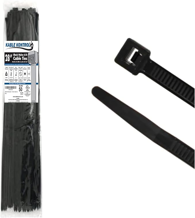 Kable Kontrol Heavy Duty Cable Zip Ties 50 Pcs 28 Inch Black, 175 Lbs Tensile Strength, Self-locking UV Resistant Plastic Nylon Wire Ties, for Indoor or Outdoor Use