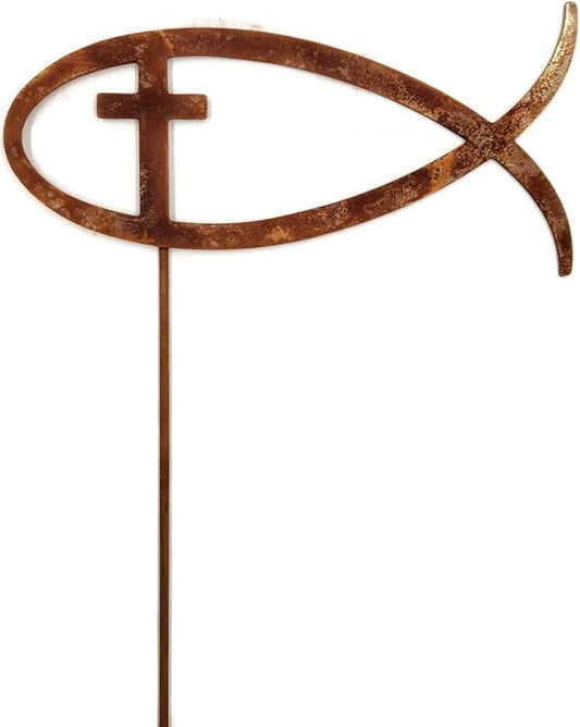 Christian Jesus Fish Metal Steel Garden Landscape Stake 20 to 33 Inches Tall (Jesus Fish with Cross 28" Tall Including Stake, Naturally Rusted)