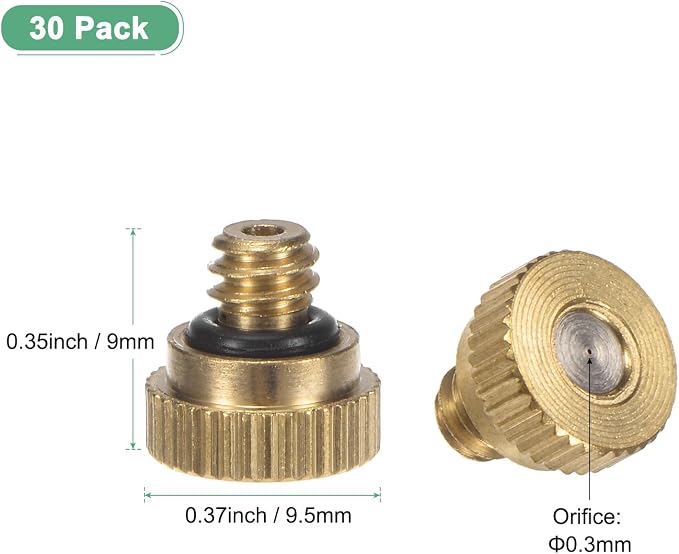 M METERXITY 30-Pack Brass Misting Nozzle, 0.012" 0.3mm Orifice 10/24 UNC O-Ring Replacement Mister Nozzles Plug Mister Heads for Garden Patio Outdoor Cooling System Low-Pressure Atomizing