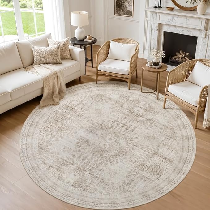 Round Area Rug Living Room: 6ft Neutral Washable Carpet Rug Brown | Vintage Boho Circle Soft Large Circular Carpet Bedroom Nursery Farmhouse Dining Room Indoor Decor Floor Non-Slip Under Table