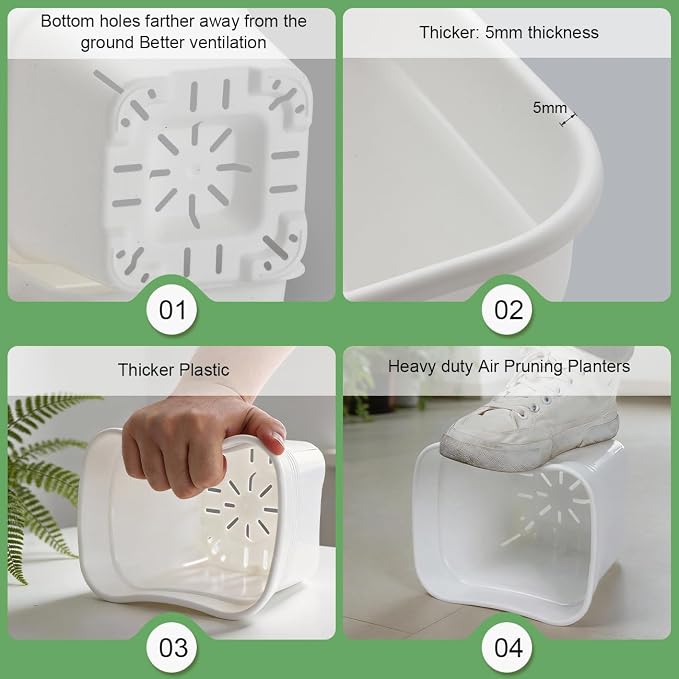 10 Inch Square Planters with Saucers - 5 Pack Large White Plastic Plant Pots with Raised Airflow Center & Corner Vents - Heavy Duty 5mm Thick Orchid Pots for Indoor Outdoor Vegetables & Trees
