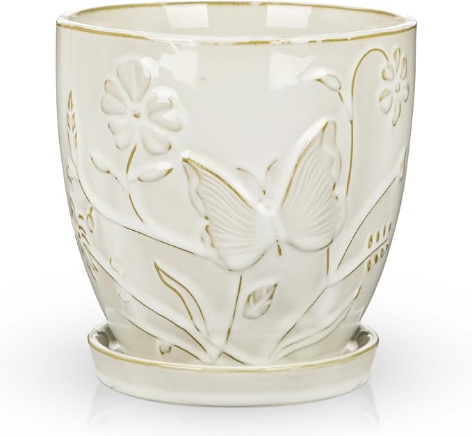 Hollyone 6 Inch White Ceramic Planter Flower Plant Pot with Drainage Hole and Saucer for Plants Embossed Indoor Outdoor Garden Embossed Ceramic Glazed Round Pot Large Butterfly Pattern