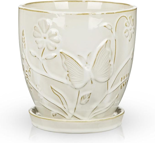 Hollyone 6 Inch White Ceramic Planter Flower Plant Pot with Drainage Hole and Saucer for Plants Embossed Indoor Outdoor Garden Embossed Ceramic Glazed Round Pot Large Butterfly Pattern