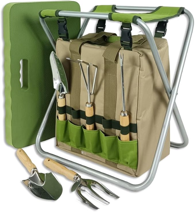 Garden Folding Gardener Stool with Gardening Tools Insulation Garden Bags Plus 5 Garden Tools and Gardening Kneeler Ideal Gift for Mother's Day/Father's Day