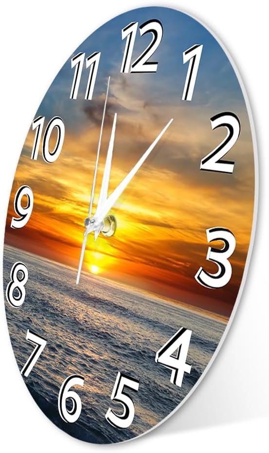 12 Inch Sunset Ocean Wall Clock, Beautiful Landscape Wall Art Clock Large Numbers Easy-to-Read Modern Decorative Silent Non Ticking Wall Watch Clock Battery Operated for Bedroom Living Room