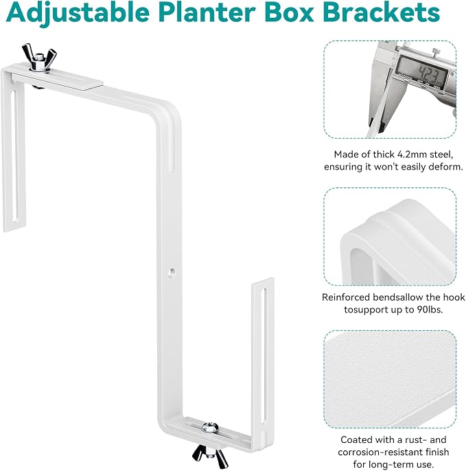 Adjustable Planter Box Brackets,Enhanced Bottom Support,Universal Outdoor Hanging Brackets,Flower Box Brackets for Fence Railings, Windowsill, Patio, Garden,Balcony. (White)