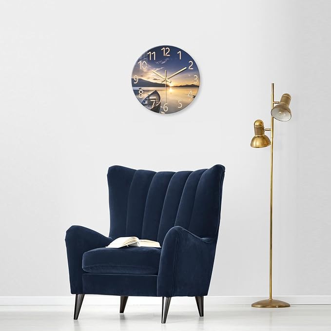 Round Glass Wall Clocks Battery Operated 14 Inch | Sunset Wall Clock for Bedroom Living Room Kitchen Office Silent Wall Clock Non Ticking