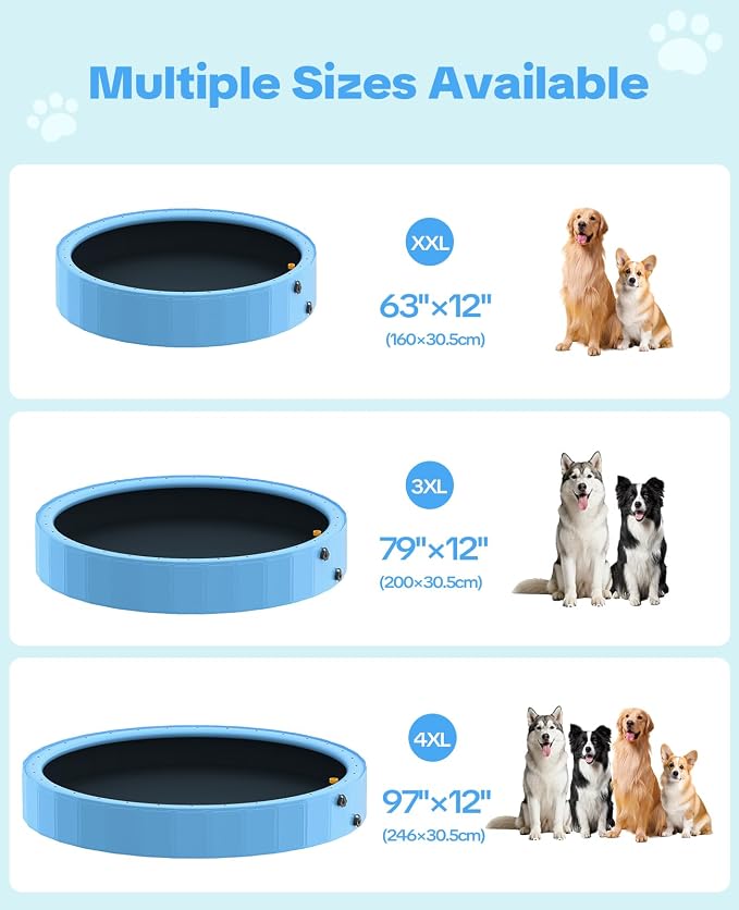 97'' Dog Pool with Sprinkler, Foldable Dog Pools for Large Dogs, 2-in-1 Non-Slip Swimming Pool for Dogs & Kids, Heavy Duty Hard Plastic Pet Bathing Tub for Outdoor Backyard, Blue