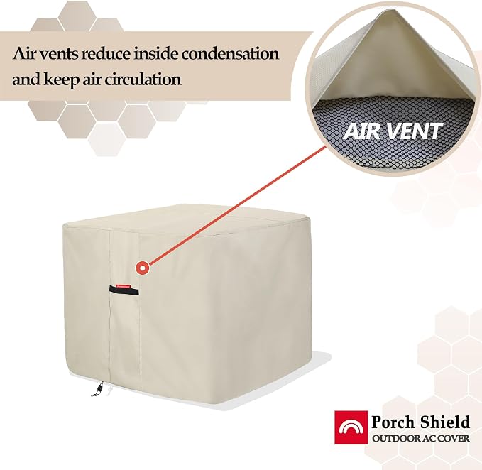 Porch Shield Waterproof AC Covers – Heavy Duty Square Air Conditioner Cover for Outside Unit Up to 26''L x 26'' x 30'', Tan