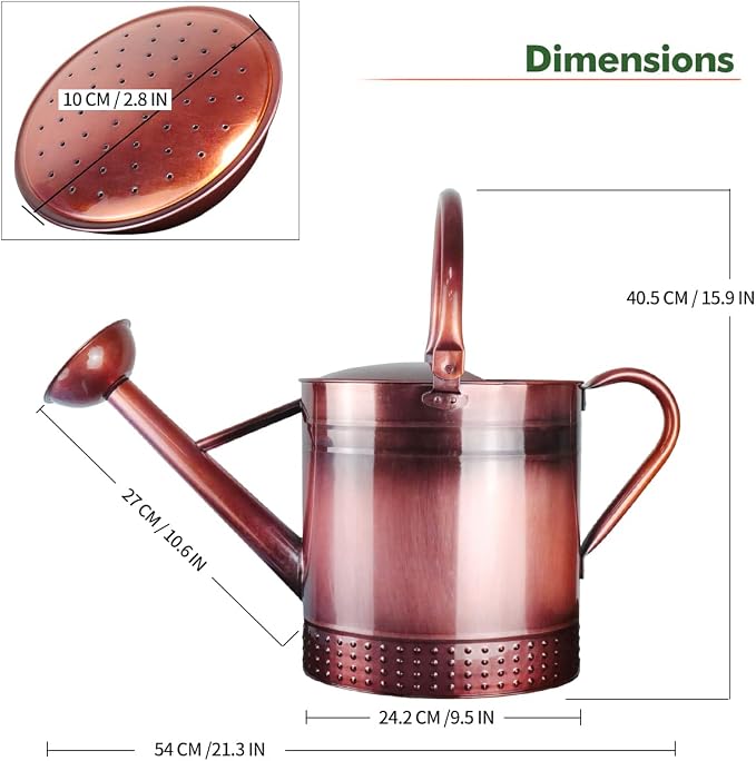 2 Gallon Meltal Garden Watering Can Removable Spout, Galvanized Steel Large Water Can with Embossed Design for Outdoor Indoor Plants (Copper, 2 Gallon)