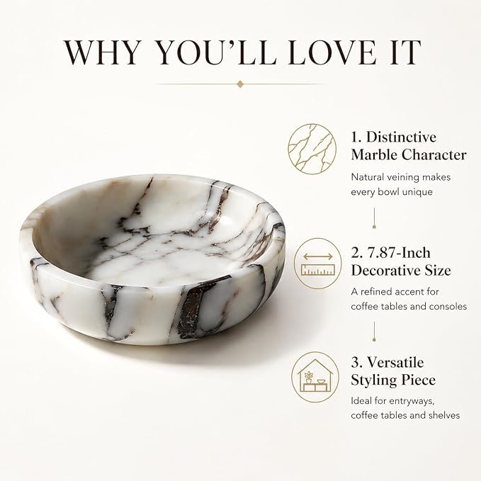 Calacatta Viola Marble Decorative Bowl, 7.87-Inch | Stone Catchall Bowl for Keys, Jewelry, Sunglasses and Small Decor, Coffee Table Centerpiece, Entryway Table and Dresser Decor