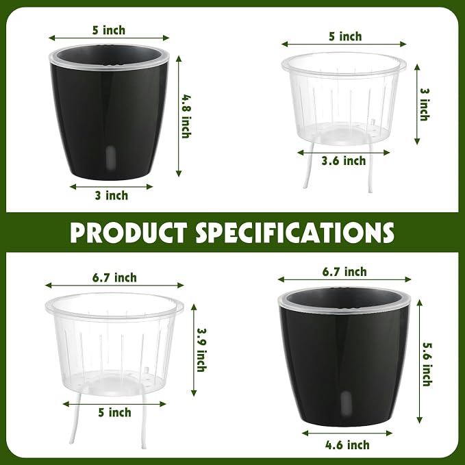Self Watering Pots for Indoor Plants, 12-Pack 5'' Self Watering Planter with Drainage Holes, Small African Violet Pots with Water Level Indicator, Clear Wick Pot, Black