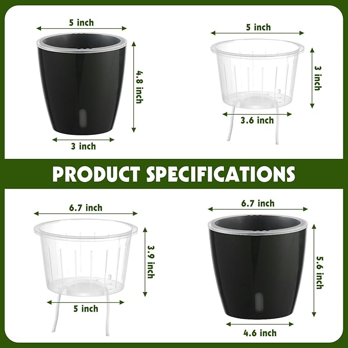 Self-Watering Pots for Indoor Plants, 16-Pack Self Watering Planter with Drainage Holes, Small African Violet Pots with Water Indicator, 10-Pack 5''/6-Pack 6.7'' Orchid Pot, Black