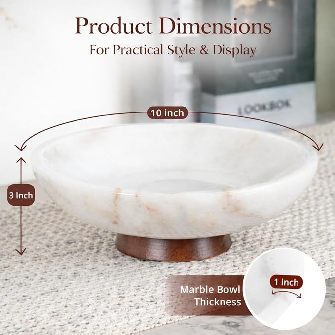 Decorative Marble Bowl White - Handcrafted Natural Stone on Acacia Wood Pedestal - Versatile 10" Catch‑All Centrepiece for Home Decor - Entryway, Dining Table, Kitchen Fruit Bowl, Key Holder (White)
