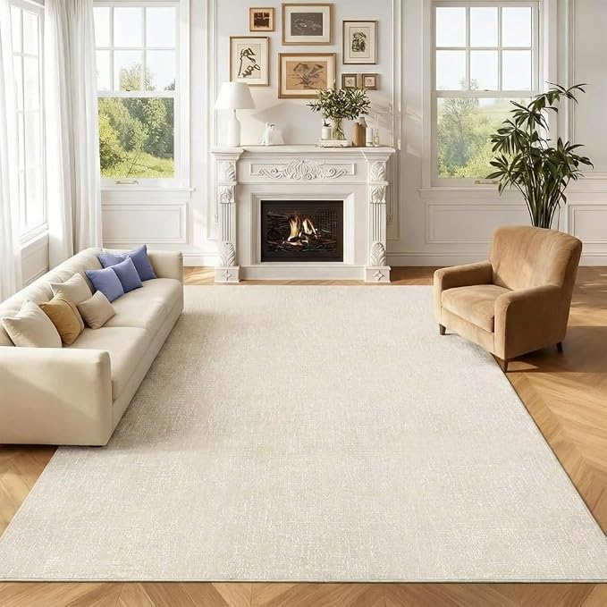 Garvee Large Rugs for Living Room 10x13 Textured Washable Area Rug, Beige | Modern Solid Color Non Slip Backing Low Pile Non Shedding Stain Resistant Minimalist Rug for Dining Room Nursery Bedroom