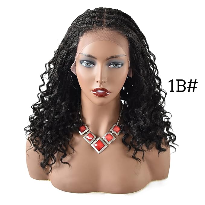 Lace Braids Wig For Black Women Box Braided Wigs Curly Swiss Lace Front Braid Wigs Hand Tied Micro Twist Braiding Wig Knotless Synthetic Braids Wig With Baby Hair (LL602483C, #1B)