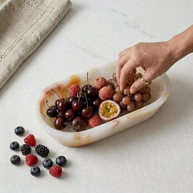 Radicaln Marble Dough Bowl 10" Inches White Onyx Handmade Oval Bowl For Kitchen Table Décor, Ideal Candy Bowl, Decorative Bowl and Marble Bowl For Keys Entryway Table