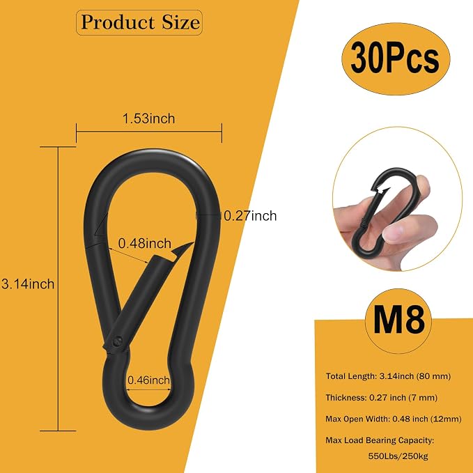 Heavy-Duty Carabiner Clip 1.57"–5.5", Black/Silver Spring Snap Hook, Quick Link Keychain Clip for Keys, Swing Set, Camping, Fishing, Hiking & Traveling (120–1350 lbs)