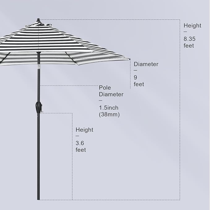 Tempera Striped Patio Umbrellas Outdoor Table Market Umbrellas with Crank & Pust Button Tilt|Auto-Tilt, 8 Steel Ribs, High Color-Fastness Canopy