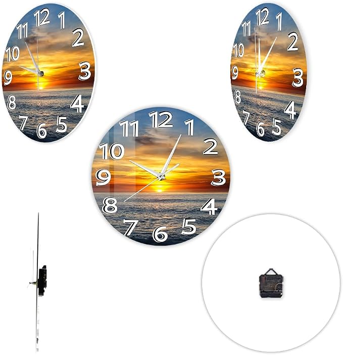 15 Inch Sunset Ocean Wall Clock, Beautiful Landscape Wall Art Clock Large Numbers Easy-to-Read Modern Decorative Silent Non Ticking Wall Watch Clock Battery Operated for Bedroom Living Room