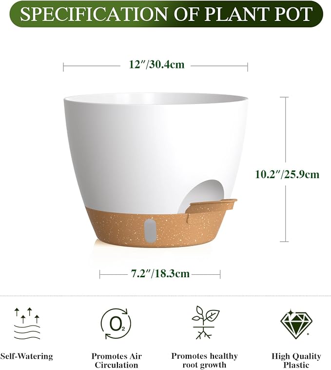 Plant Pots, 1 Pack 12 Inch Self Watering Pots with Drainage Holes, Water Level Indicator Deep Reservoir, Large Planters for Indoor Outdoor Plants - White Brown