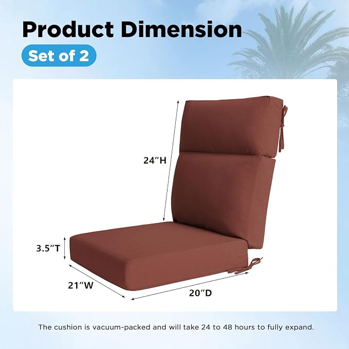 Sunbrella Outdoor Patio Chair Cushions 44x21x3.5 inch, Set of 2 Thicken Comfy Cushions for Rocker Non Slip Fade Shield Water Repellent High Back with Ties, Canvas Henna