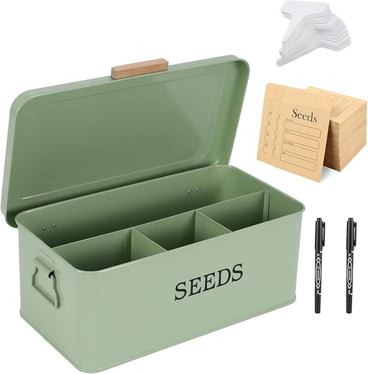 Seed Storage Organizer with 4 Dividers,Metal Seed Saving Box with Lid, Seeds Bin Storage Container Kit with 2 Pens,20 Plant Labels and 50 Seeds Envelopes, Perfect for Flower Plants Garden
