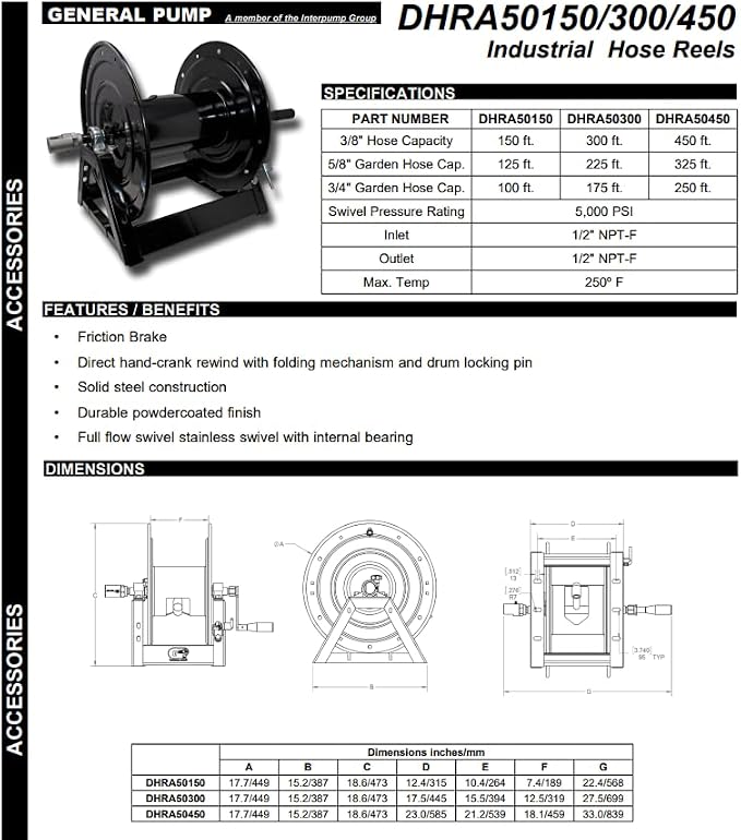General Pump DHRA50300 3/8" x 300' Black Steel Hose Reel with Flat Sidewalls, A-frame, Pin Lock and Brake and Stainless Steel Swivel Inlet, 5000 Psi