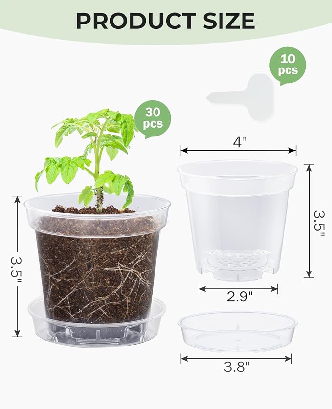 homenote 4 Inch Clear Nursery Pots 30 Pack with Drainage and Plant Saucers, Rigid High Transparency Plastic Nursery Pots for Plants,Thick Walled Planter Nursery Pots with Upgraded Drainage Holes