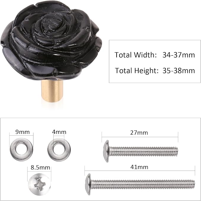 mookaitedecor Set of 4 Natural Black Obsidian Crystal Cabinet Knobs with Screws, Decorative Floral Stone Drawer Pulls for Dresser Door Kitchen
