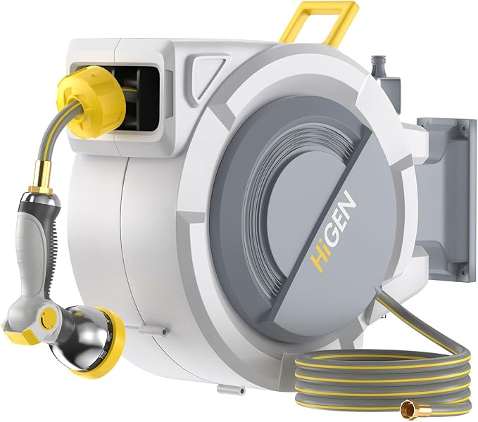 Retractable Garden Hose Reel, 1/2 in x 100 ft Heavy Duty Wall Mounted Water Hose Reel for Outside, UV Resistant Shell, Any Length Lock, Slow Rewind System, 180° Swivel Bracket, 10 Pattern Metal Nozzle