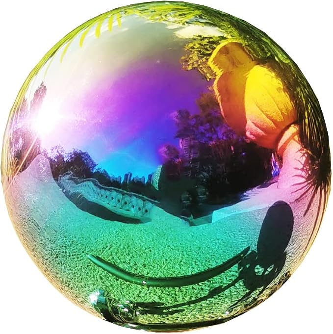 Rainbow Gazing Globe Mirror Ball, Metal Shiny Hollow Sphere Sparkling Housewarming Outdoor Ornament (6 Inch)