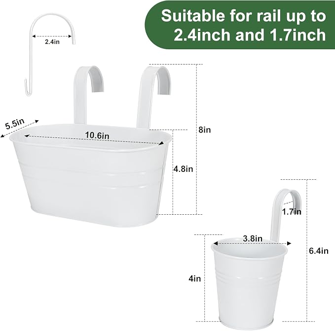 HowRU Metal Iron Flower Pots for Railing Fence Hanging Bucket Pots(5 Pcs) and Hanging Flower Pots Metal Iron Bucket Planter(10 Pcs) (White)
