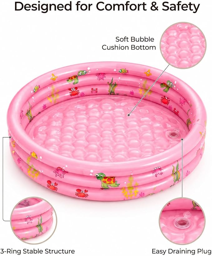48"*12" Kiddie Pool for Toddler with Bubble Bottom, Pink | Inflatable Baby Pool with Drain Plug, Kids Pool for Summer Play, Flodable,Beach, Backyard, Indoor Ball Pit Play