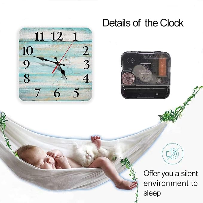 Britimes Square Wall Clock Silent Non-Ticking Battery Operated Clock 12 Inch, Vintage Beach Wood Old Blue Home Decor for Living Room, Kitchen, Bedroom, and Office