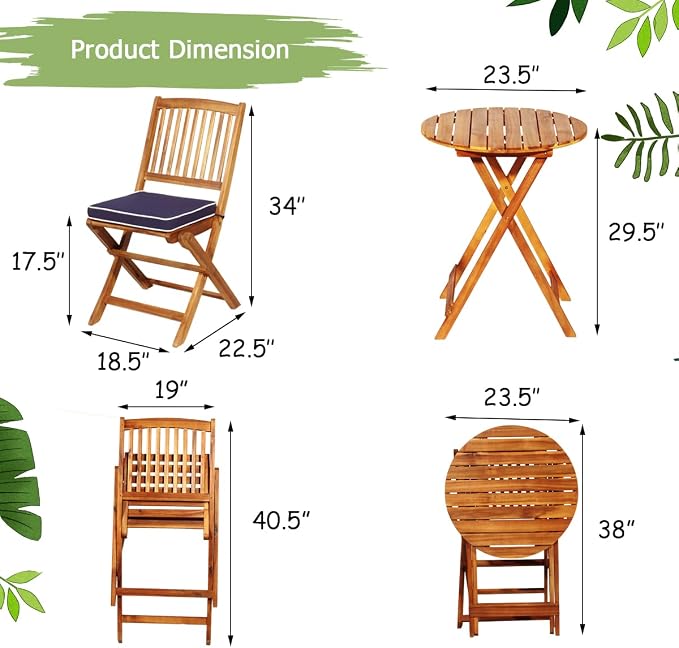 FANTASK 3 Pieces Folding Acacia Wood Bistro Set, Patio Furniture Set with Cushions & 1 Round Table, Indoor Outdoor Bistro Table and Chairs Set of 2 for Patio, Garden, Poolside, Porch, Lawn (Navy)