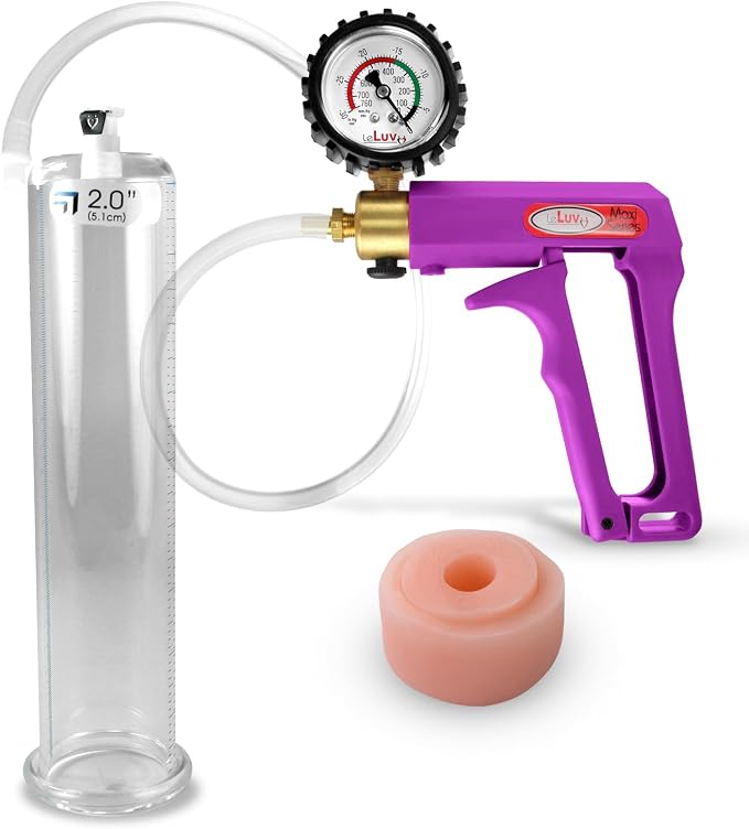 LeLuv Maxi Penis Pump - Purple Handle + Clear Hose, Protected Gauge - Bundle with Silicone Donut Seal - 9" Length x 2" Diameter Round-Flange Cylinder