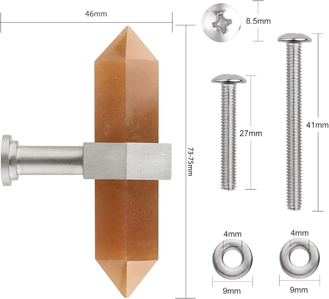 mookaitedecor Set of 2 Red Aventurine Double Crystal Points Drawer Knobs with Screws, Decorative Stone Cabinet Handle Pulls for Dresser Cupboard Kitchen Decor, Brushed Stainless Steel