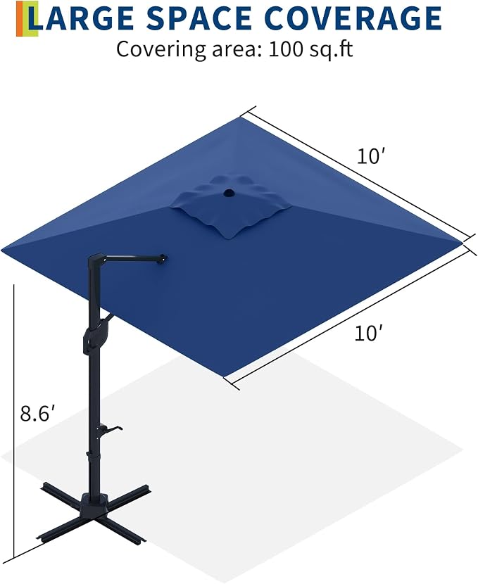 PeakPursuit 10' x 10' Square Cantilever Umbrella - Heavy Duty Aluminum Patio Sun Shade Offset Umbrella with 360-Degree Rotation for Outdoor Decor, Backyard, Deck, Pool