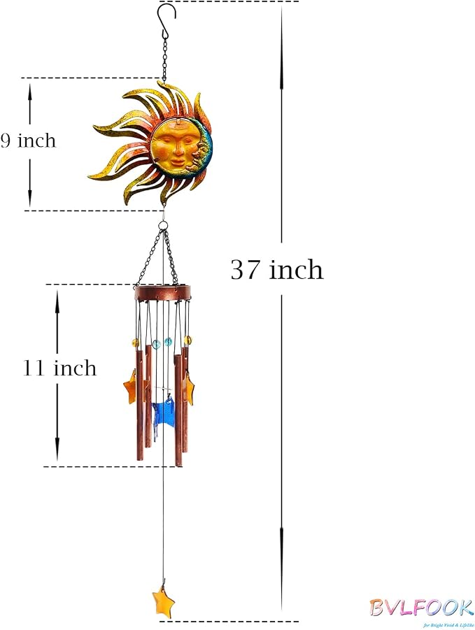Sun with Flame Wind Chime for Outside Decor, with Star Shape Suncatcher | BVLFOOK; Aluminium Tubes; Wind Chimes; Hanging for Porch Patio Balcony Décor; 37 Inch; indoor & outdoor