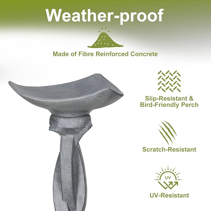 SKYFIRE 22.8" Tall Modern Bird Bath, Concrete Sculptural Pedestal Birdbath, Contemporary Outdoor Yard Statue with Twisted Base for Garden, Patio, Backyard Decor - 14.5" Dia x 22.8" H
